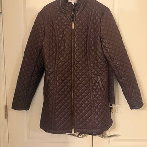 Via Spiga Burgundy Quilted Jacket with gold belt detail!